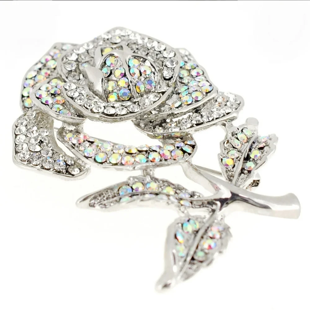 Chrome Silver Rose Crystal Color Accent Stones Flower Pin Brooch NWT